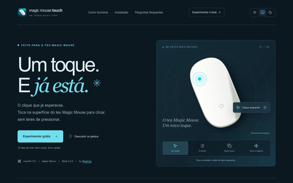 Página inicial de Magic Mouse Touch em tema escuro
